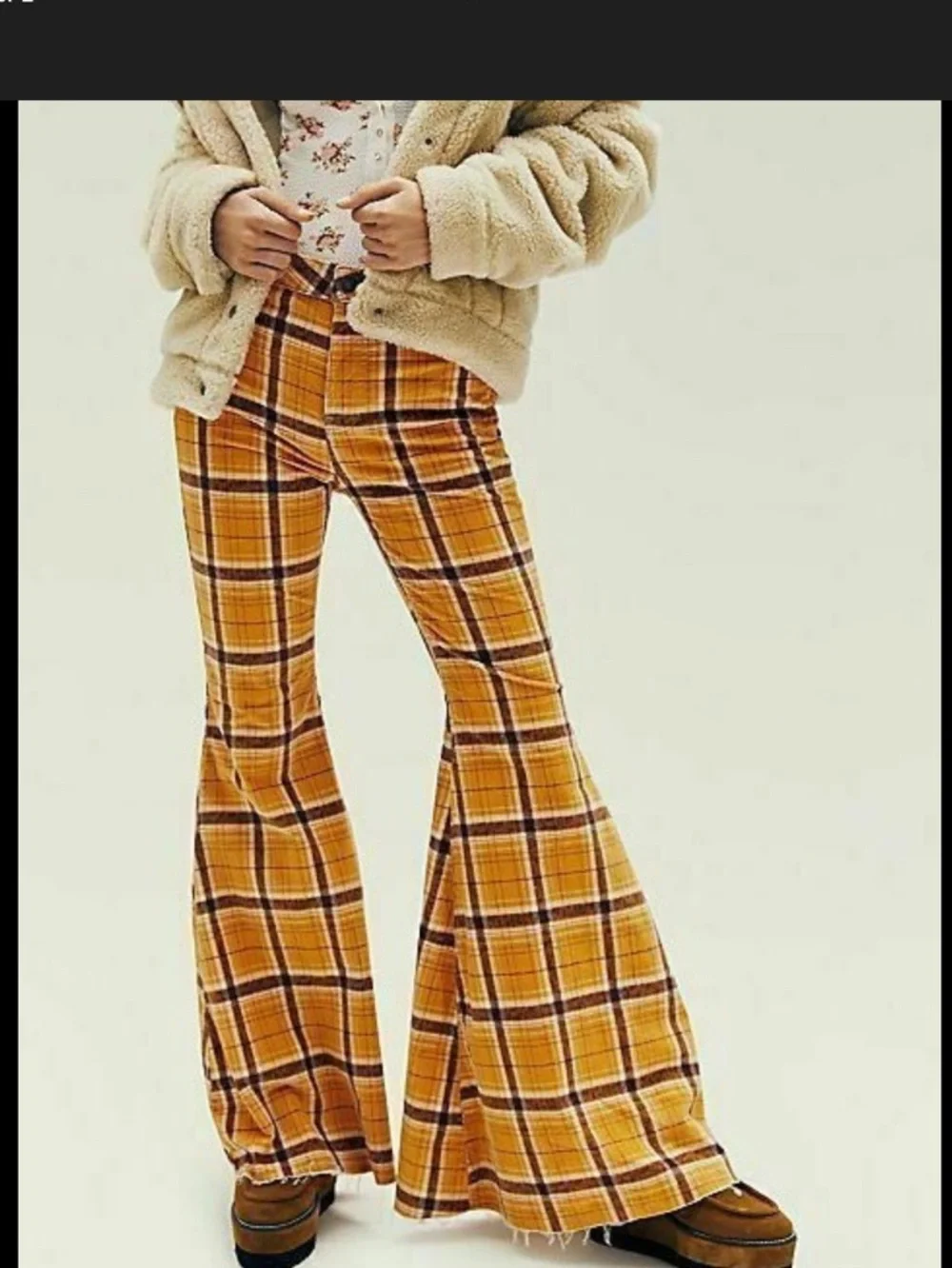 Free People women’s Yellow Plaid Wide Leg Flare Pants Size 32 Retro - Picture 2 of 15